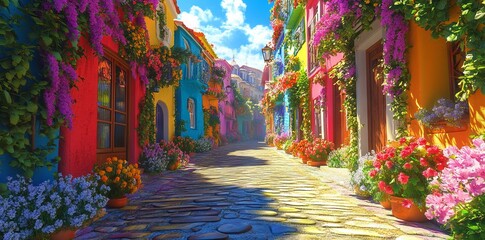 Vibrant Coastal Street with Flowers in an Oil Painting Style AI generated illustration
