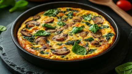  egg frittata with mushrooms and spinach on the table