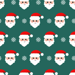 Vector seamless pattern with Santa Claus and white snowflakes on a green background