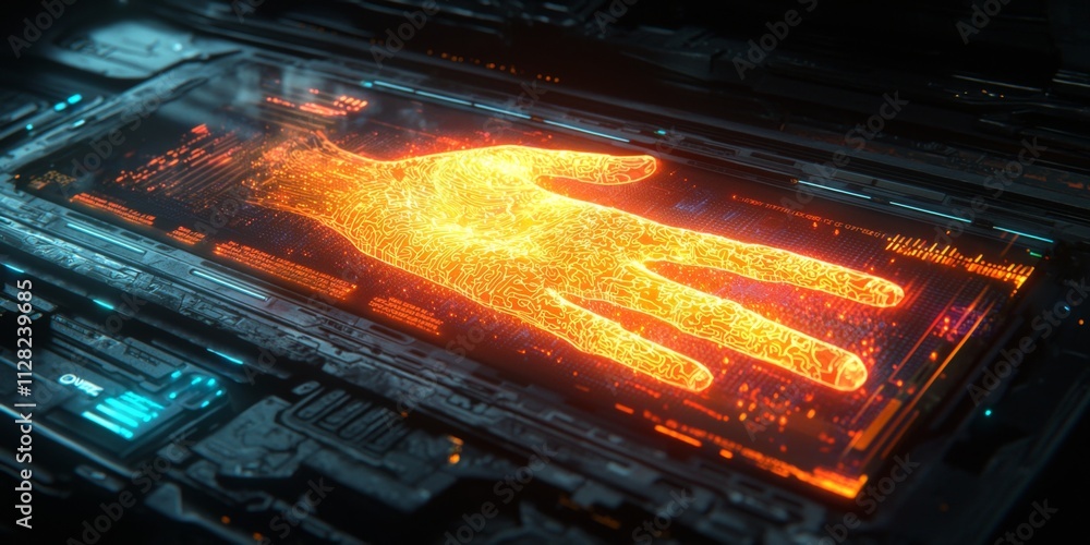 Poster futuristic biometric scan hand authentication on digital interface