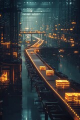 Obraz premium A nighttime view of a glowing factory interior, with conveyor belts moving rows of illuminated boxes.