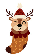 Cute deer in Christmas sock. Christmas deer clipart. Cute festive character. Hand draw vector illustration in flat style
