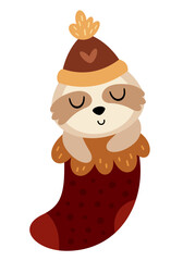 Cute sloth in Christmas sock. Christmas sloth bear clipart. Cute festive character. Hand draw vector illustration in flat style