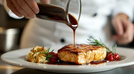 Chef pouring rich brown sauce over grilled salmon. Perfect for restaurant menus, food blogs, and culinary websites.