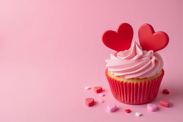 Saint Valentines Day background. Cupcake or tartlet with pink meringue cream decorated with two big red hearts, love symbol, and small heart shape candies. Copy space, pink background