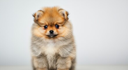 Obraz premium Adorable fluffy pomeranian puppy with fluffy coat and big eyes