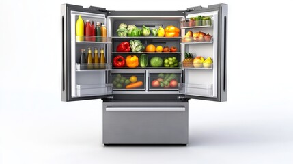 Modern Open Refrigerator Displaying Fruits and Vegetables in a Studio Setting AI generated illustration