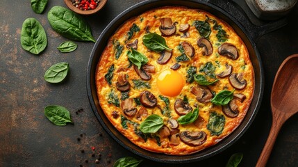  egg frittata with mushrooms and spinach on the table