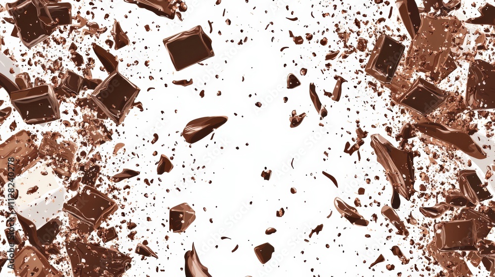 Poster dynamic explosion of chocolate chunks and cocoa dust against a clean white background, capturing the
