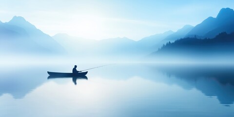 A solitary fisherman in a kayak casts his line into a misty lake, surrounded by breathtaking mountains. This serene moment captures peace and solitude in nature.