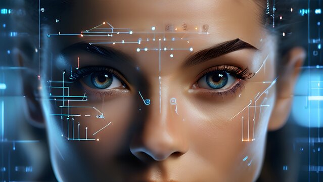 Close up of a focused athlete face with data overlay and neural network nodes around the eyes, representing AI-enhanced vision and performance