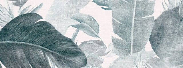 Botanic graphic of palm leaves and banana leaves in Scandinavian style with delicate colors for mural art