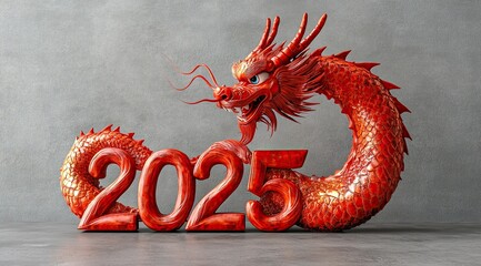 3D red dragon sculpture in the shape of "2025" on a gray background, a Chinese New Year concept