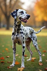 Happy Dalmatian stands alert in autumn park, canine companionship