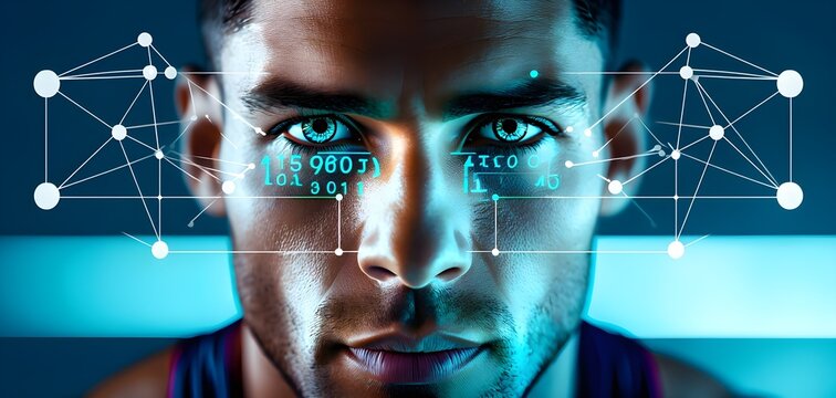 Close up of a focused athlete face with data overlay and neural network nodes around the eyes, representing AI-enhanced vision and performance