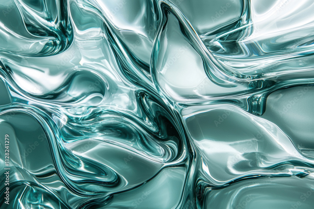 Poster a teal abstract glass texture background featuring smooth, wavy patterns with reflective highlights,