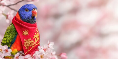 Pet in Chinese costume concept for Chinese New Year celebration. Colorful parrot perched among blooming cherry blossoms