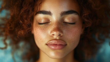 Obraz premium A Close Up Portrait Of A Woman With Freckles And Curly Hair