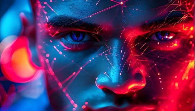 Close up of a focused athlete face with data overlay and neural network nodes around the eyes, representing AI-enhanced vision and performance