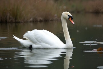 Fototapeta premium Graceful white swan gliding on calm pond, natural beauty