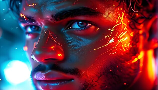 Close up of a focused athlete face with data overlay and neural network nodes around the eyes, representing AI-enhanced vision and performance