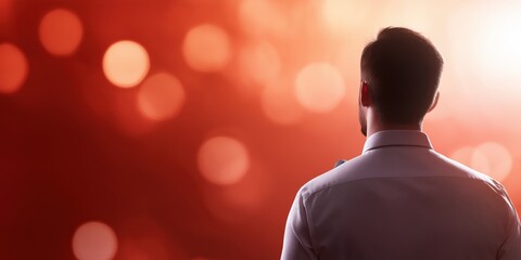 A man stands confidently on stage, addressing an audience with a vibrant backdrop, encapsulating public speaking, leadership, and engaging presentations.
