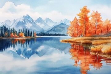 Fototapeta premium Watercolor depiction of a tranquil lake embraced by autumnal mountains.