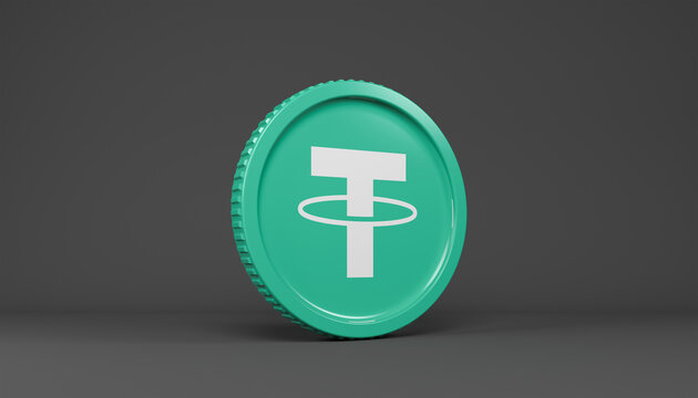 3d rendering of a round coin with the logo of the cryptocurrency Tether (USDT) on a black background - Business concept.