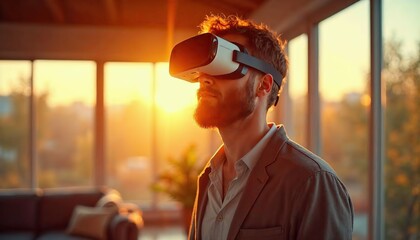 Virtual Reality Exploration: A man wearing a VR headset stands in front of large windows with a golden sunset shining through. The headset allows him to experience a virtual world.