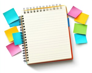 A blank notebook surrounded by colorful sticky notes, ready for ideas and organization.