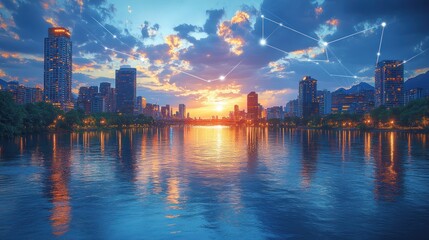 Obraz premium Vibrant sunset cityscape reflected in calm water, connected by glowing network lines.
