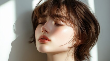 Naklejka premium Young Woman With Short Brown Hair Eyes Closed