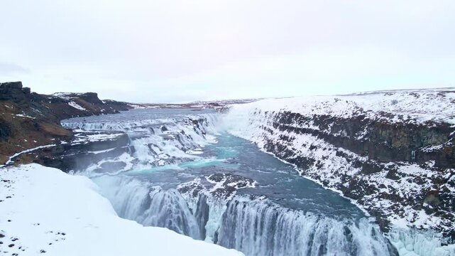 Aerial shots at the Gullfoss waterfall in the south west of Iceland during the winter.