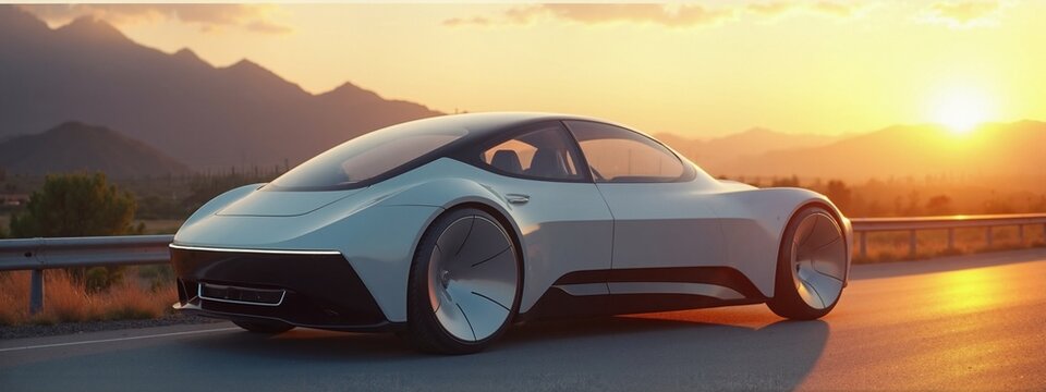Futuristic electric car on mountain road at sunset, innovation