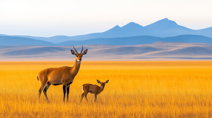 Naklejka premium Antelope Family in Golden Grassland: A breathtaking landscape of golden grasslands stretches out beneath a clear sky.