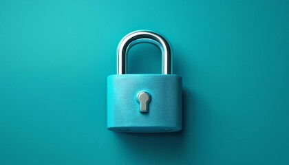 A vibrant turquoise padlock with a metallic shackle against a matching background, symbolizing security and protection.