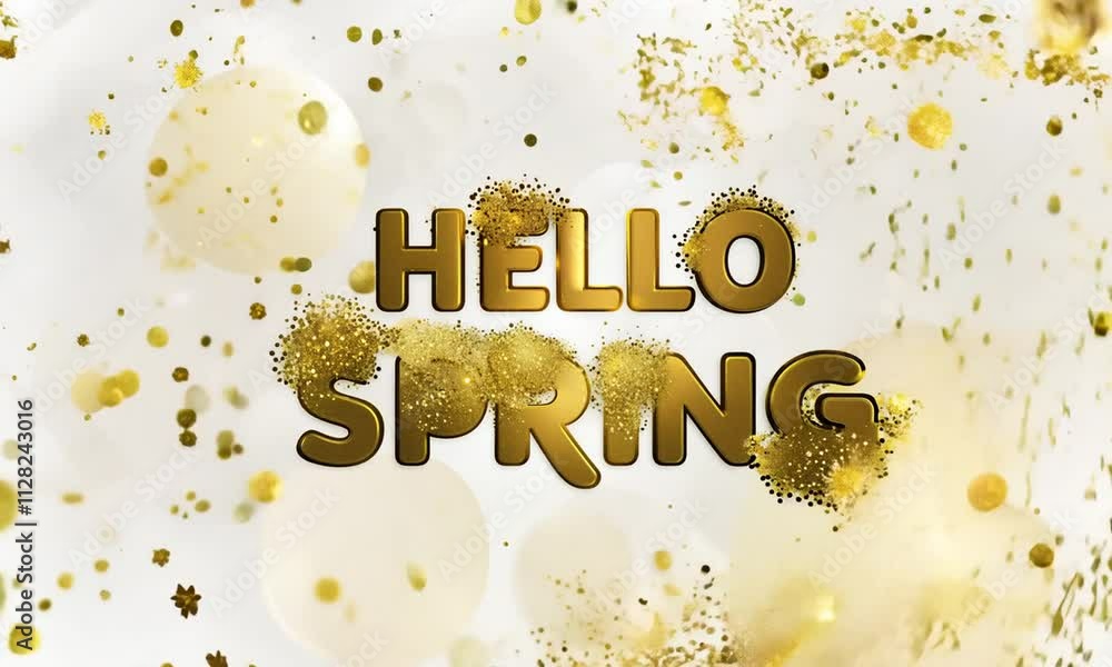Poster golden confetti exploding with hello spring text appearing