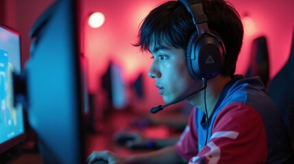 Focused gamer with headset in neon-lit room, esports competition