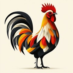 Colorful rooster illustration, geometric feathers.