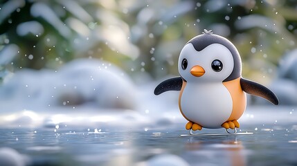 Fototapeta premium Cute Penguin Ice Skating Winter Fun Adorable 3D Render