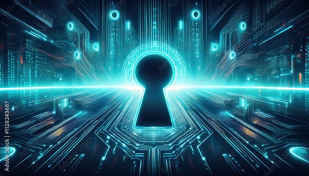 Aufkleber a futuristic keyhole amidst glowing circuits, symbolizing digital security and technology with a vib