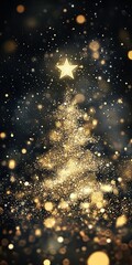 Fototapeta premium A starry Christmas tree made of golden glitter particles, against a black background