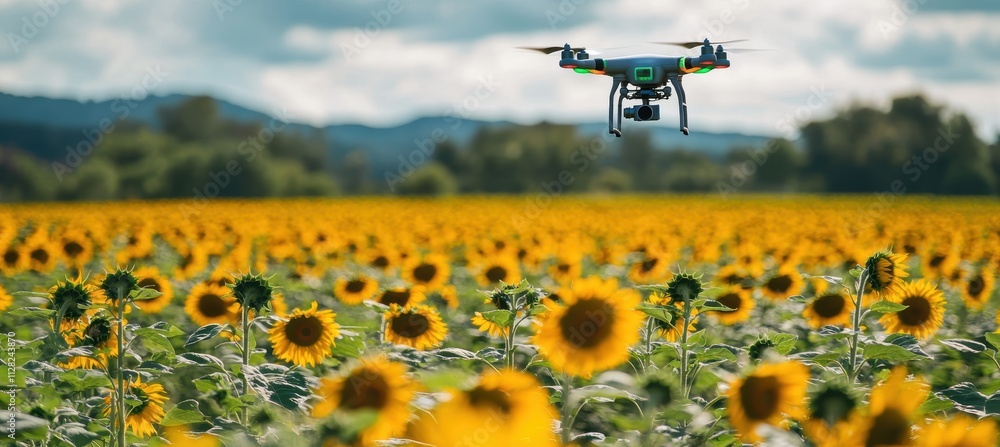 Poster sunflower field with drone technology for advanced crop monitoring and environmental analysis