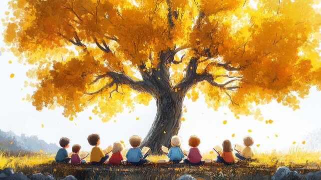 Children sitting under a golden tree, engaged in reading and enjoying nature's beauty.