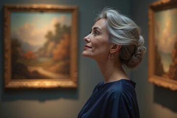 Obraz premium Elegant woman admires paintings in art gallery, cultural appreciation