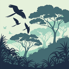 Flock of Birds Flying over Dense Rainforest in a Sunset Silhouette Exotic Bird Silhouettes Flying Across the Jungle