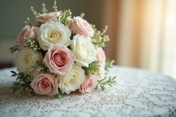 Obraz premium Elegant pink and white rose bouquet on lace tablecloth, romance