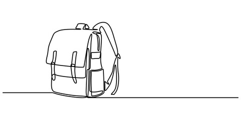 One continuous line school supplies. Minimalist hand drawn backpack, school building and globe, Single one line drawing of school bag for kindergarten student. Back to school minimalist, education.  © line drawing