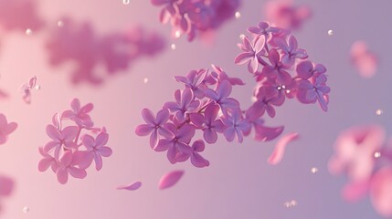 Fototapeta premium Fresh lilac blossom beautiful purple flowers. Flying or levitation lilac flowers isolated on pink. Spring flowers conception. 