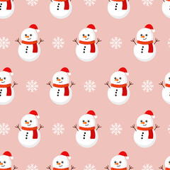 Vector seamless pattern with snowmen in red hats and white snowflakes on a pink background